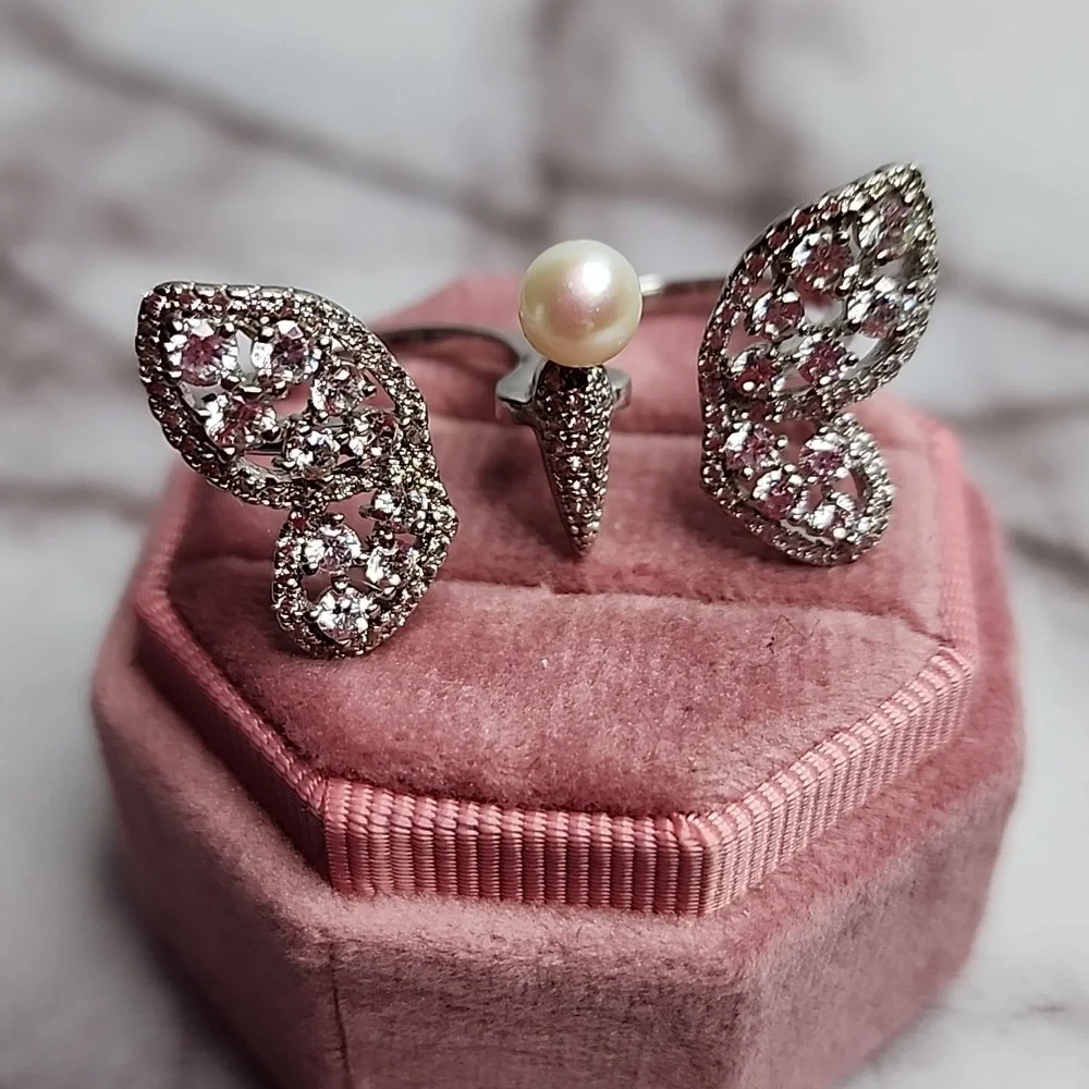 Sterling silver double burgundy ring with pearl